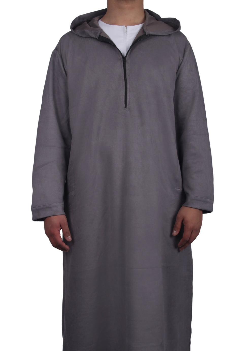Luxury Light Grey Suede Hooded Thobe